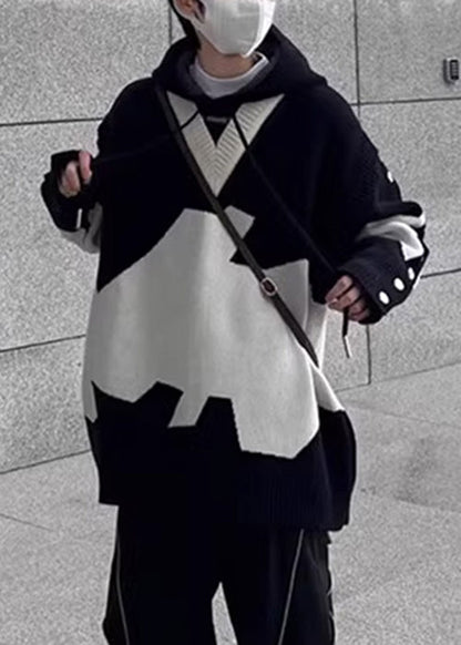 New Black Hooded Cozy Patchwork Knit Sweaters Spring