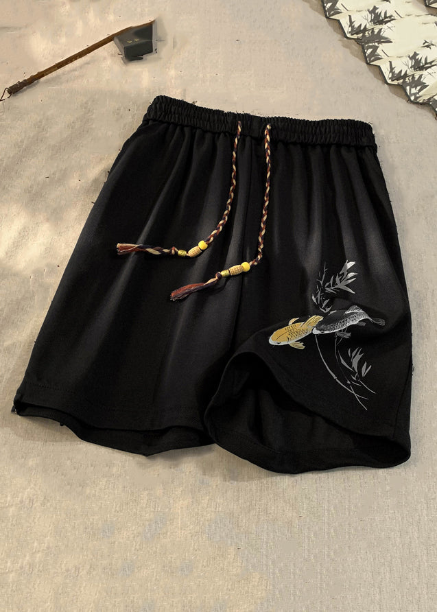 New Black Lace Up Elastic Waist Cotton Shorts Summer