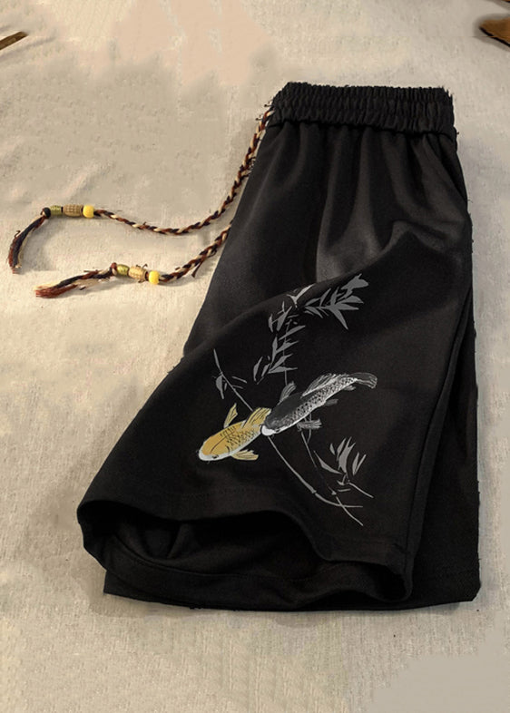New Black Lace Up Elastic Waist Cotton Shorts Summer