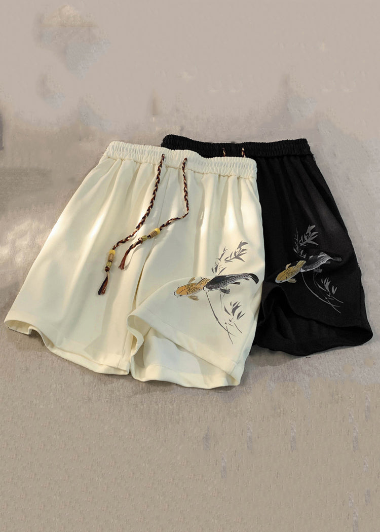 New Black Lace Up Elastic Waist Cotton Shorts Summer