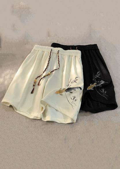 New Black Lace Up Elastic Waist Cotton Shorts Summer