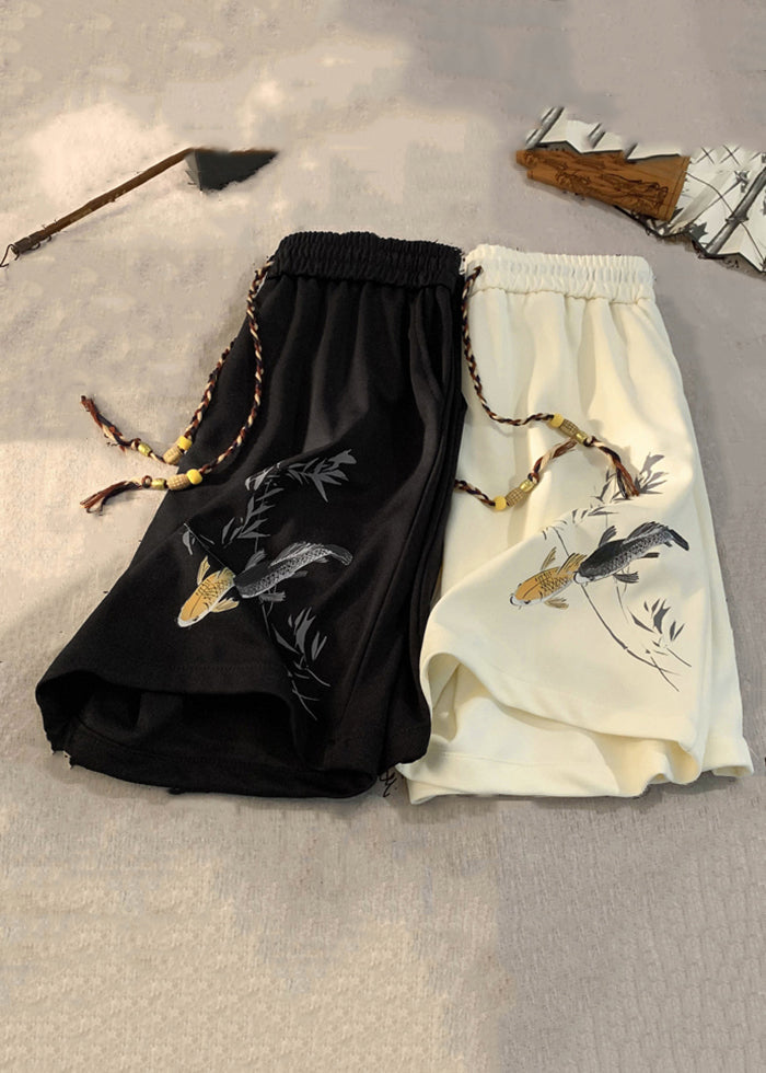 New Black Lace Up Elastic Waist Cotton Shorts Summer