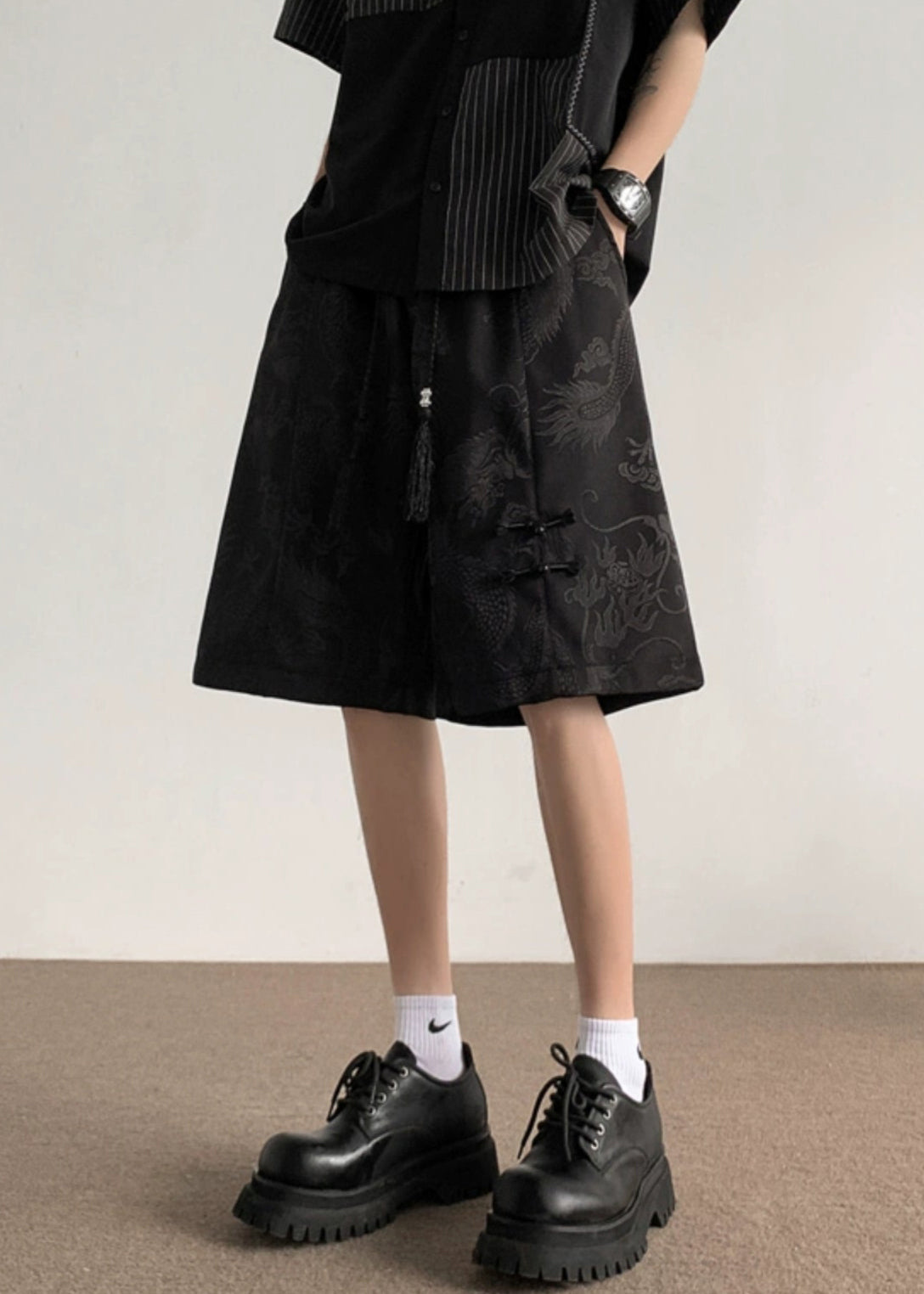 New Black Lace Up Elastic Waist Ice Silk Summer Shorts