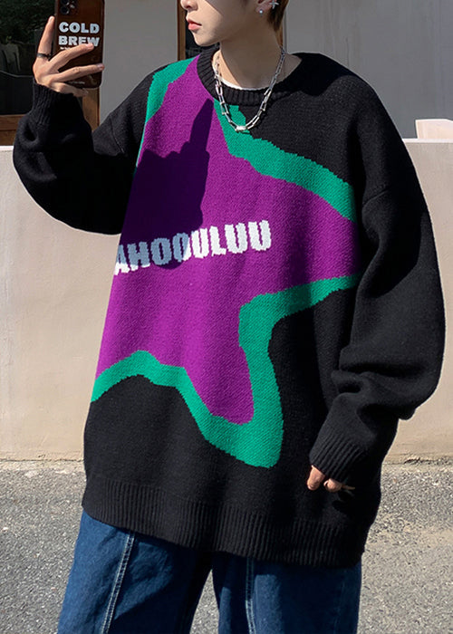 New Black Letter Print Cozy Knit Sweater Winter