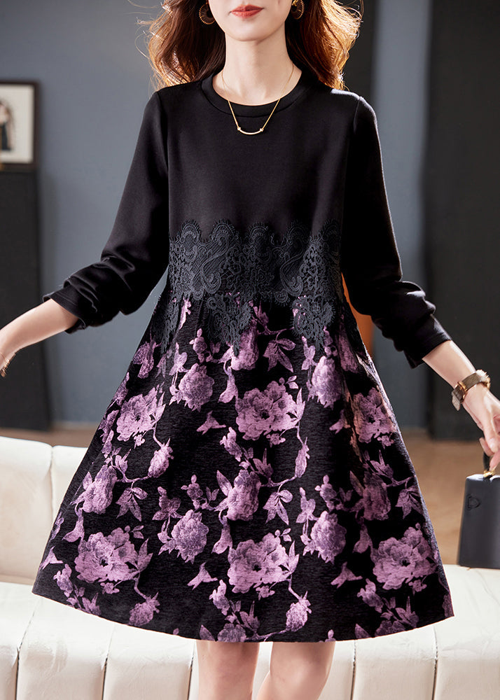 New Black O Neck Lace Patchwork Cotton Dress Spring