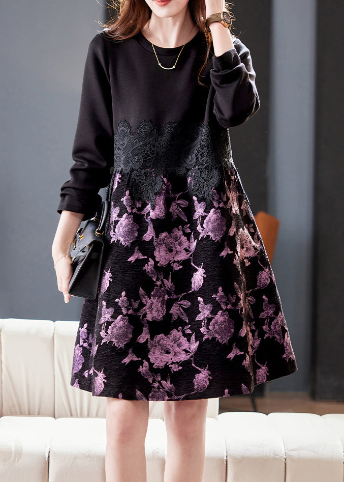 New Black O Neck Lace Patchwork Cotton Dress Spring