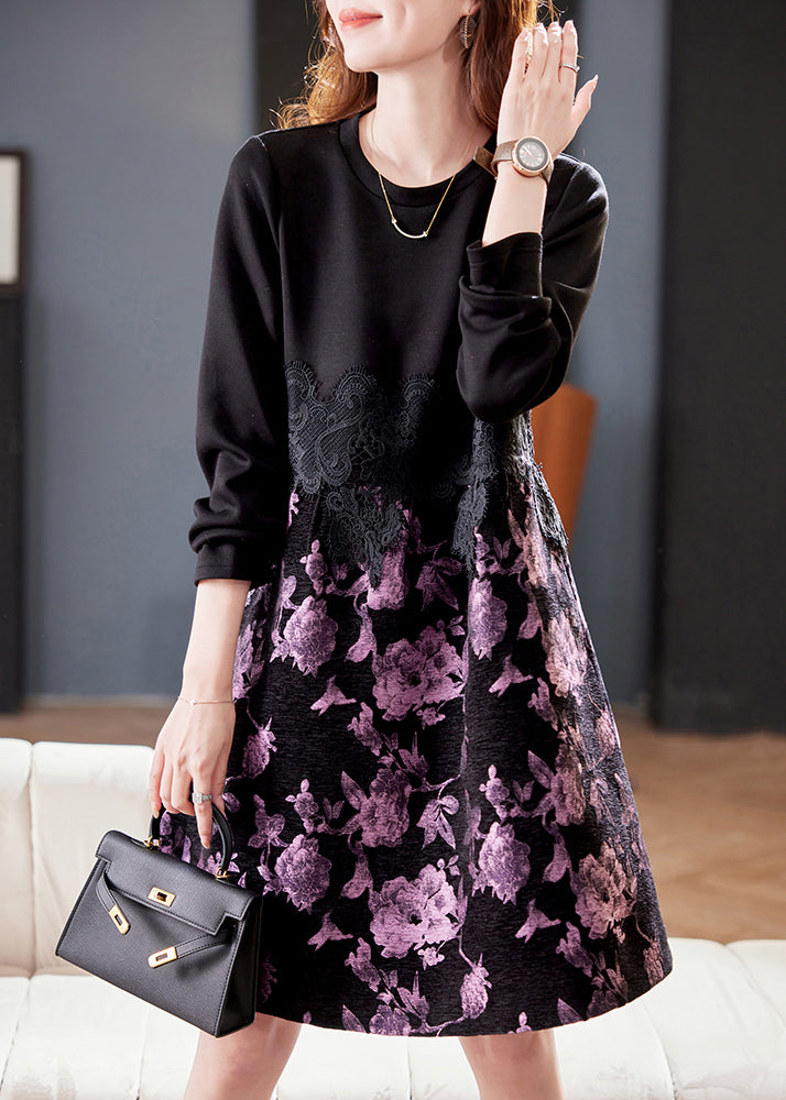 New Black O Neck Lace Patchwork Cotton Dress Spring