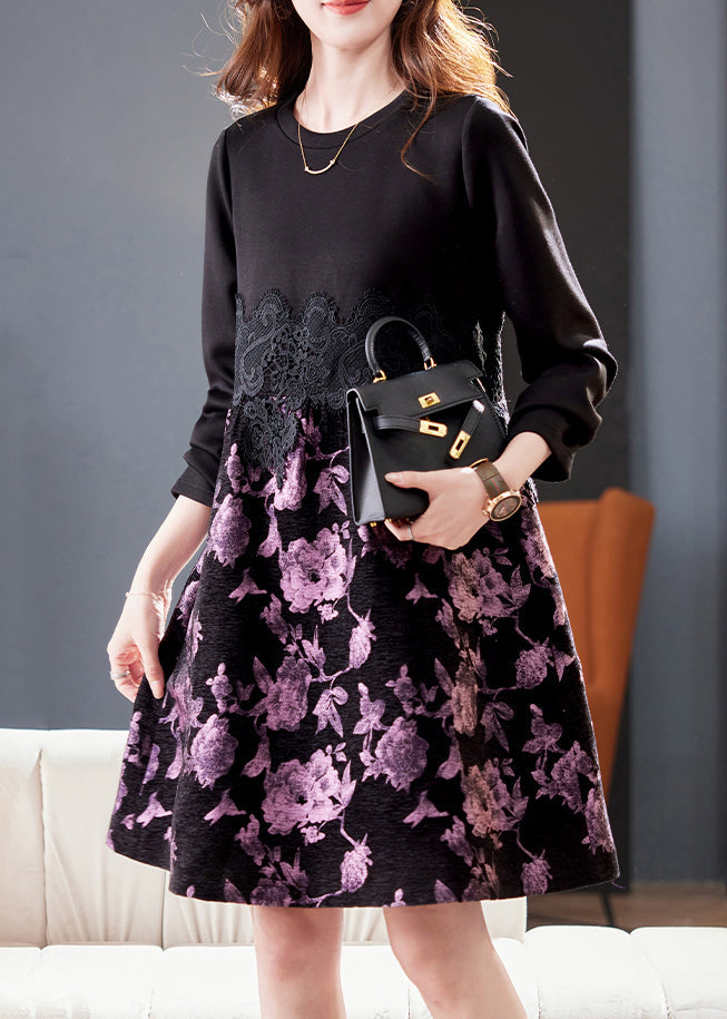 New Black O Neck Lace Patchwork Cotton Dress Spring