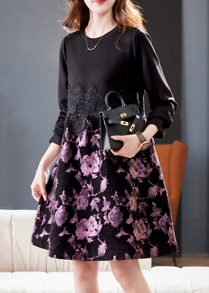 New Black O Neck Lace Patchwork Cotton Dress Spring