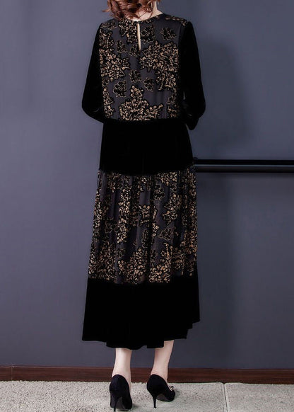 New Black O Neck Print Patchwork Silk Velour Long Dress Fall
