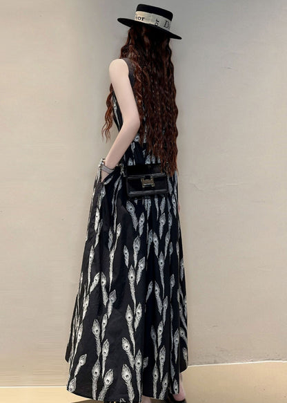 New Black O Neck Print Pockets Cotton Maxi Dresses Sleeveless