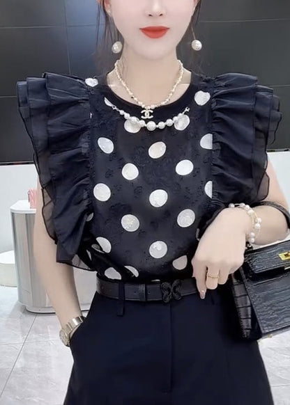 New Black O-neck Ruffled Print Chiffon Tops Summer