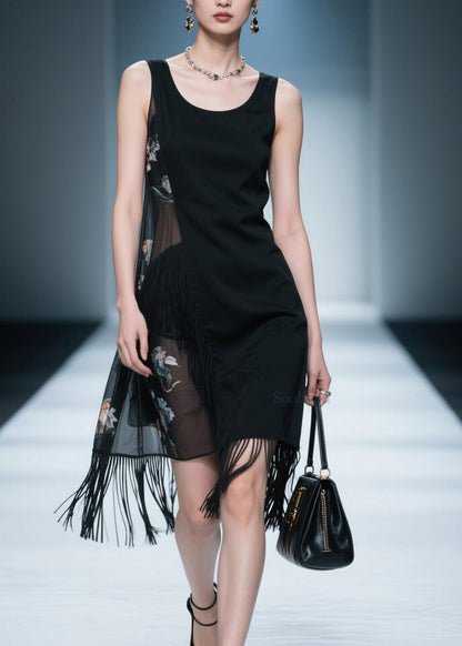 New Black O Neck Tassel Patchwork Cotton Dress Sleeveless