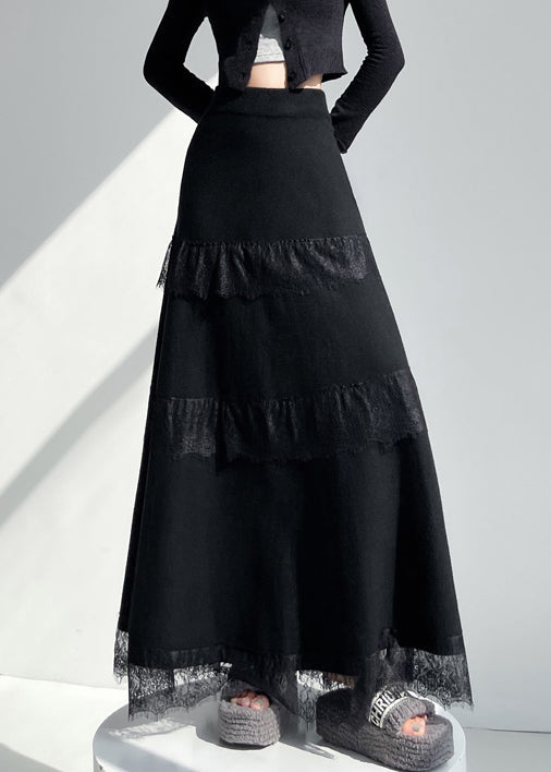 New Black Original Design Lace Patchwork Knit a Line Skirts