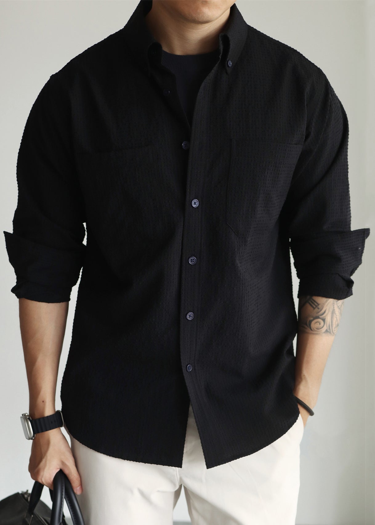 New Black Peter Pan Collar Button Cotton Men Shirts Fall