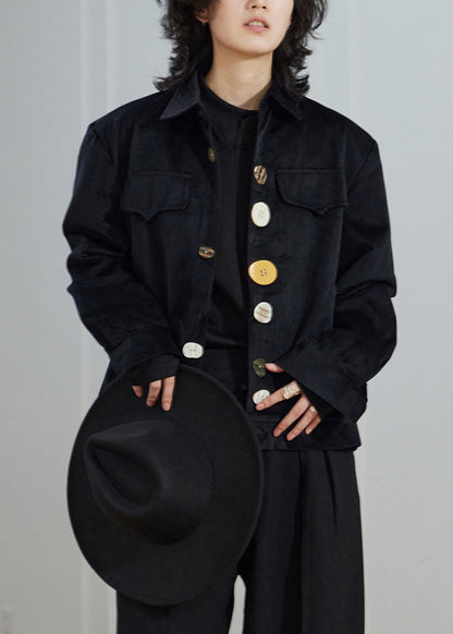 New Black Peter Pan Collar Button Pockets Corduroy Jackets Fall