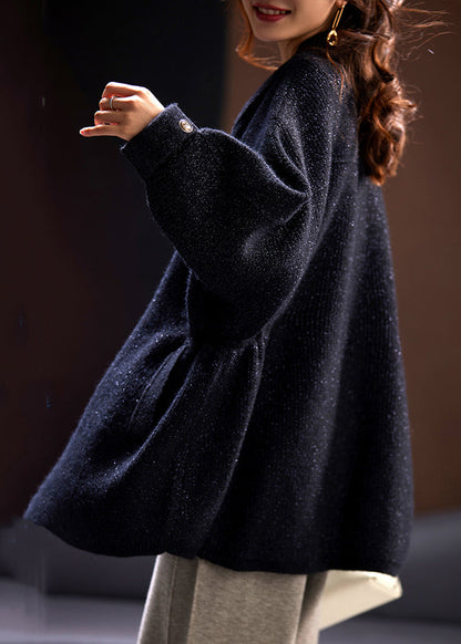 New Black Peter Pan Collar Button Pockets Knit Coats Long Sleeve