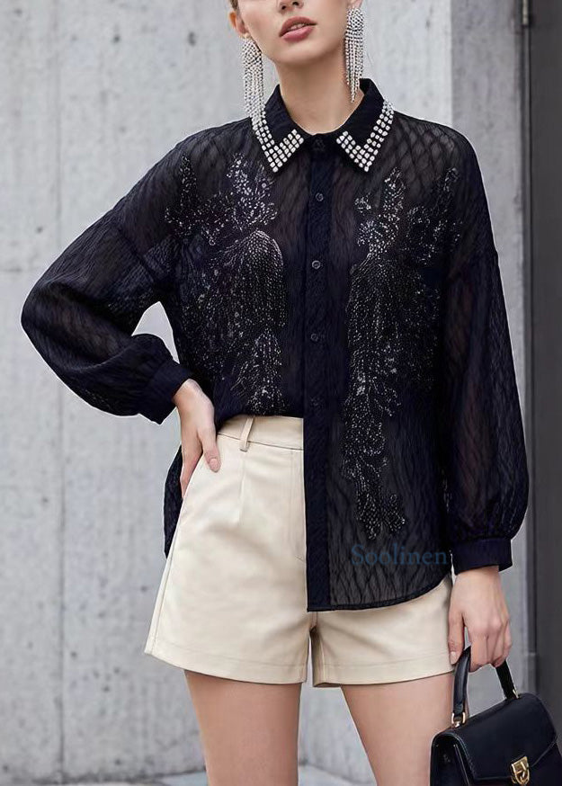 New Black Peter Pan Collar Nail Bead Sequins Shirt Tops Spring
