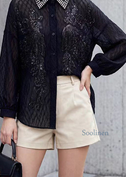 New Black Peter Pan Collar Nail Bead Sequins Shirt Tops Spring