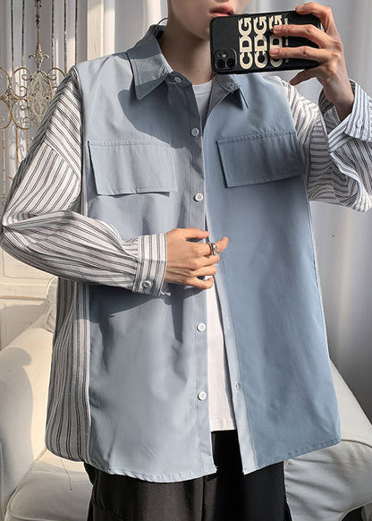 New Black Peter Pan Collar Striped Patchwork Cotton Shirts Mens Spring