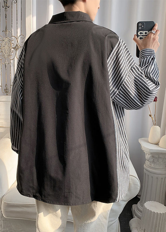New Black Peter Pan Collar Striped Patchwork Cotton Shirts Spring