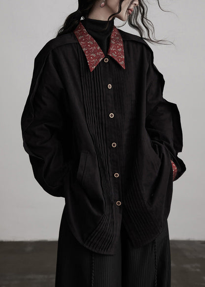 New Black Peter Pan Collar Wrinkled Patchwork Cotton Shirts Top Spring