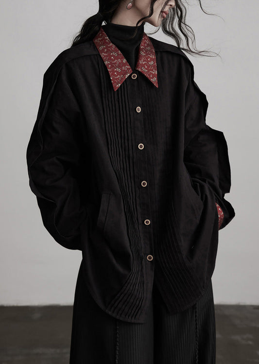 New Black Peter Pan Collar Wrinkled Patchwork Cotton Shirts Top Spring