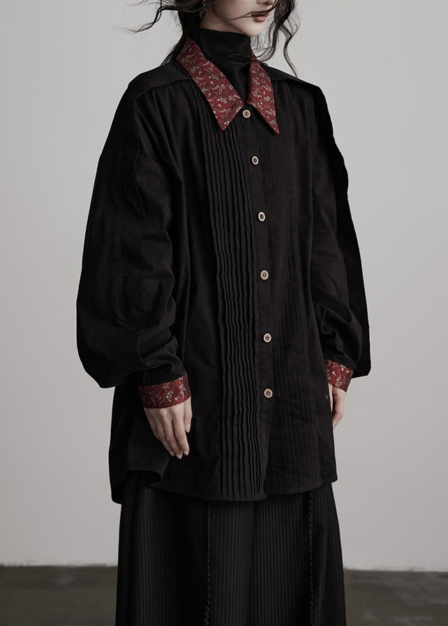 New Black Peter Pan Collar Wrinkled Patchwork Cotton Shirts Top Spring