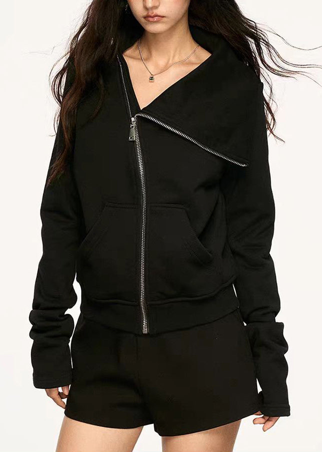 New Black Peter Pan Collar Zip Up Pockets Cotton Coats Spring