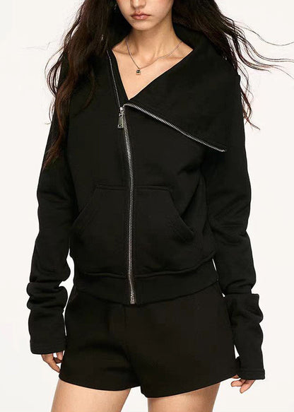 New Black Peter Pan Collar Zip Up Pockets Cotton Coats Spring