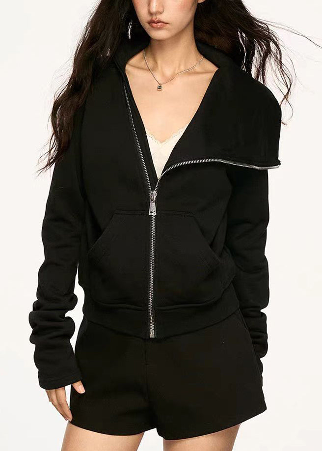 New Black Peter Pan Collar Zip Up Pockets Cotton Coats Spring