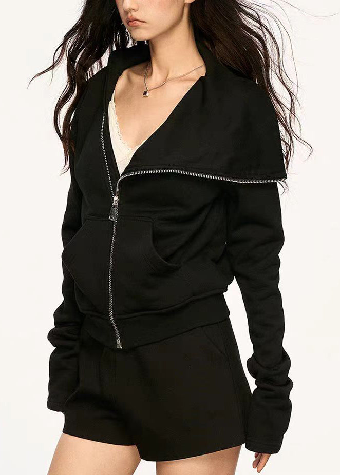 New Black Peter Pan Collar Zip Up Pockets Cotton Coats Spring