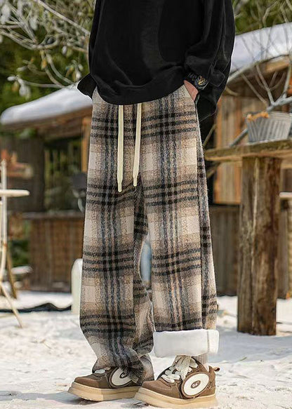 New Black Plaid Pockets Warm Fleece Pants Winter