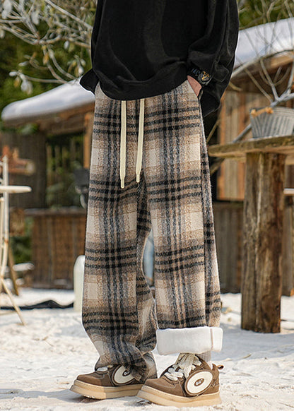 New Black Plaid Pockets Warm Fleece Pants Winter