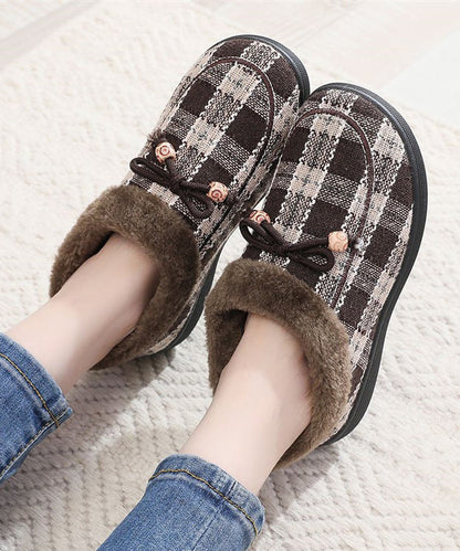 New Black Plaid Splicing Flats Fuzzy Wool Lined