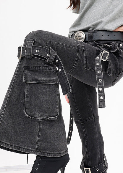 New Black Pockets Buckle Strap Patchwork Denim Flared Trousers Fall
