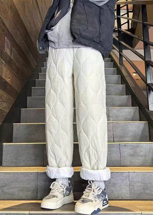 New Black Pockets Drawstring Cotton Filled Pants Winter