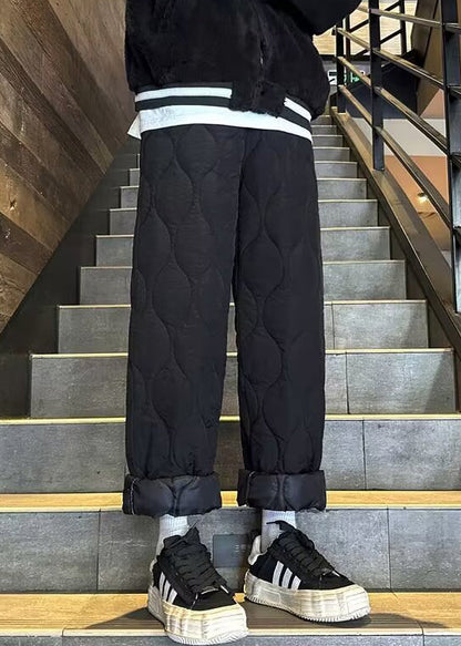 New Black Pockets Drawstring Cotton Filled Pants Winter