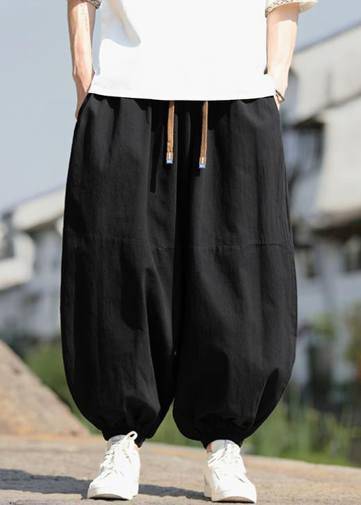 New Black Pockets Elastic Waist Cotton Beam Pants Spring