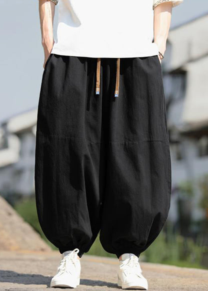 New Black Pockets Elastic Waist Cotton Beam Pants Spring