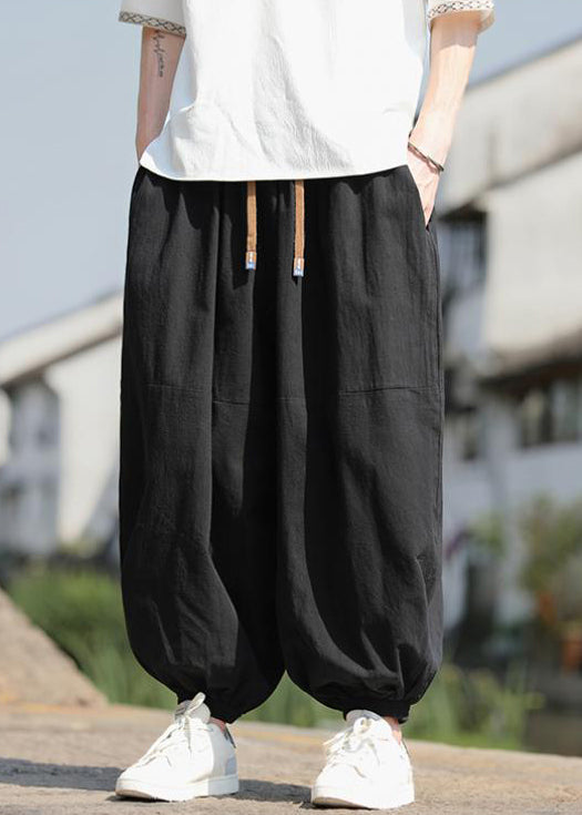New Black Pockets Elastic Waist Cotton Beam Pants Spring