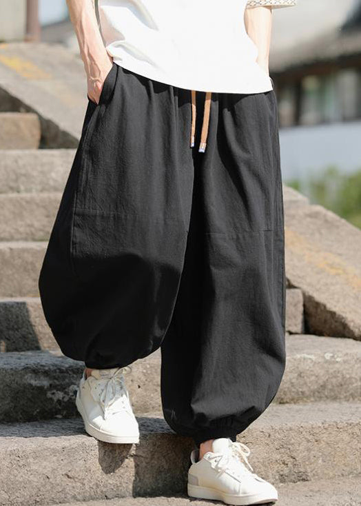 New Black Pockets Elastic Waist Cotton Beam Pants Spring
