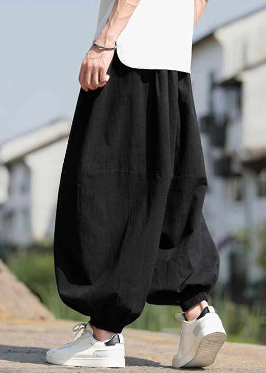 New Black Pockets Elastic Waist Cotton Beam Pants Spring