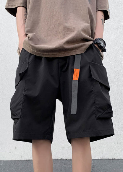 New Black Pockets Elastic Waist Cotton Shorts Summer