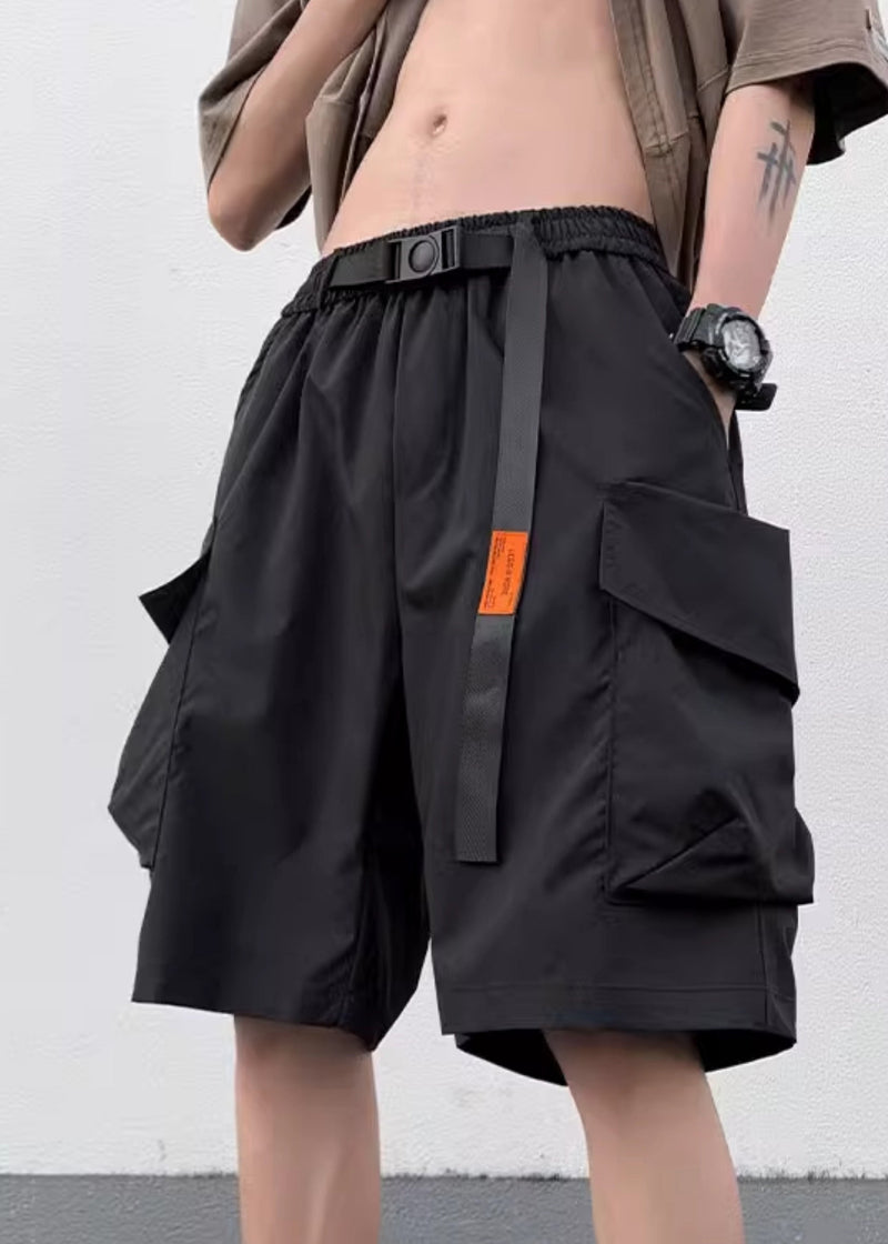 New Black Pockets Elastic Waist Cotton Shorts Summer