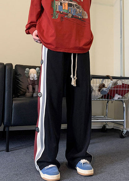 New Black Pockets Elastic Waist Patchwork Warm Fleece Pants Spring