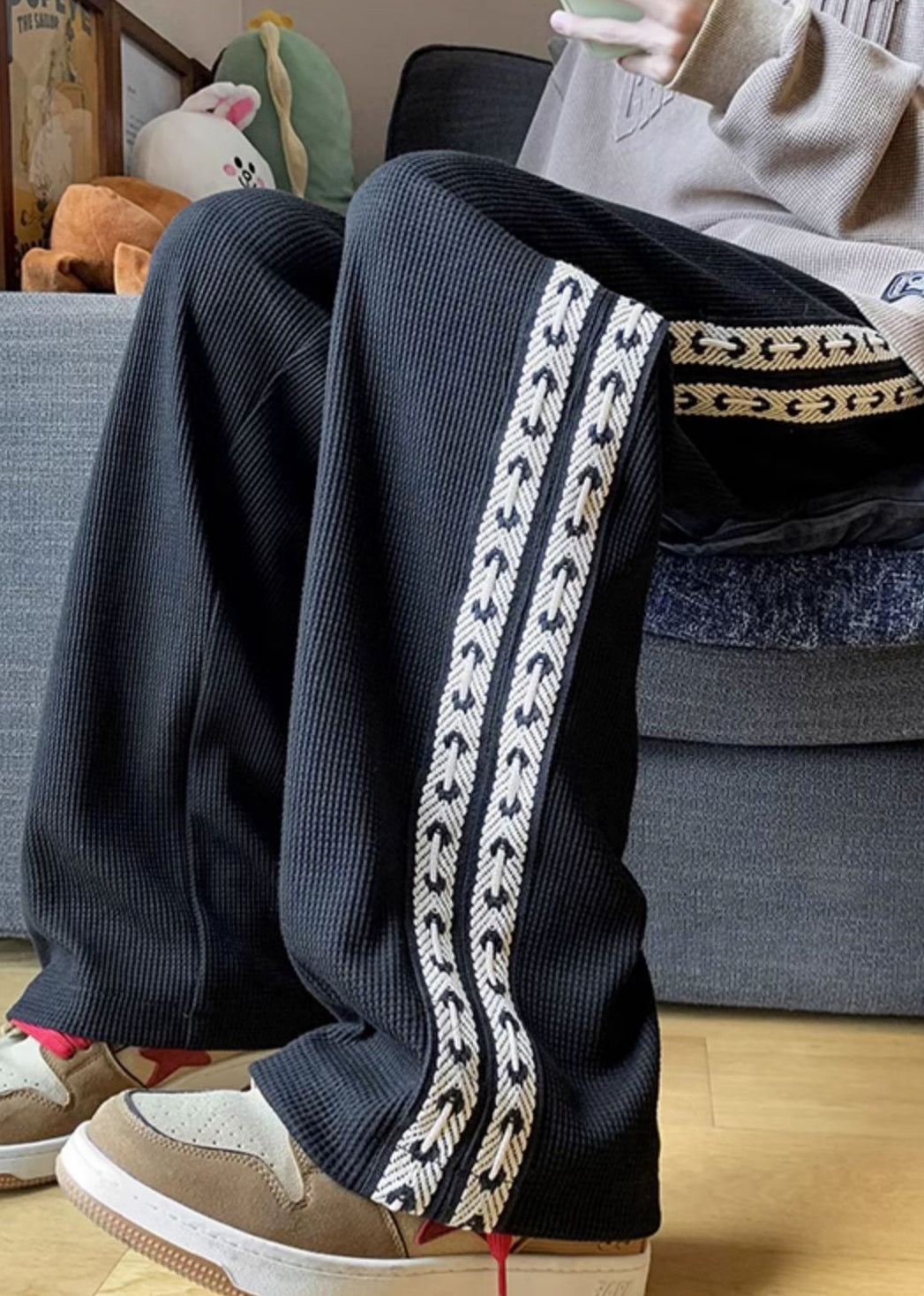 New Black Pockets Elastic Waist Patchwork Warm Fleece Pants Spring