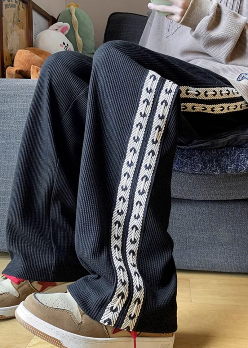 New Black Pockets Elastic Waist Patchwork Warm Fleece Pants Spring