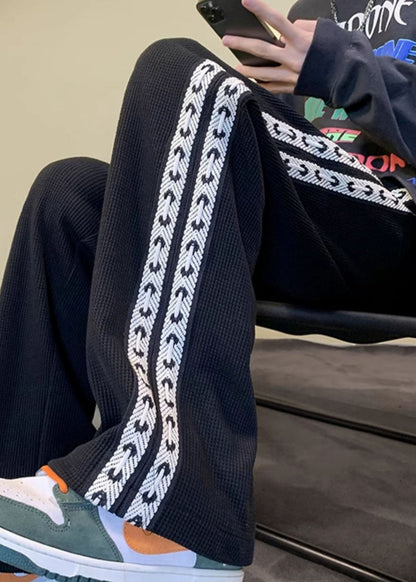 New Black Pockets Elastic Waist Patchwork Warm Fleece Pants Spring