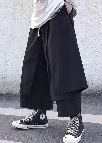 New Black Pockets False Two Pieces Cotton Crop Pants Fall